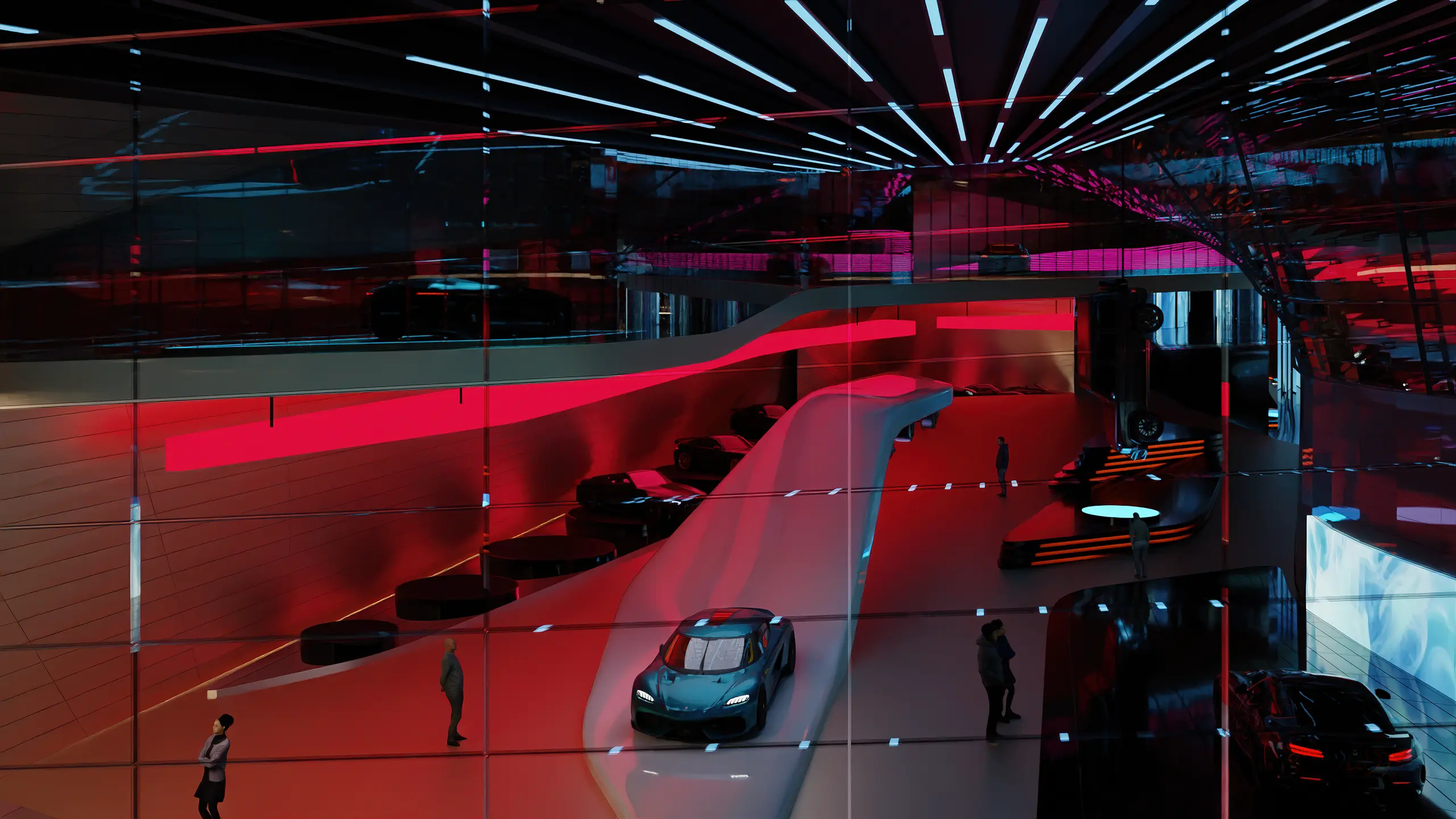 Expo City Showroom, A futuristic showroom with a sleek, modern design featuring curved walls and a high, ceiling with linear lighting. A futuristic car is driving on a curved track in the center, while visitors explore the exhibit.