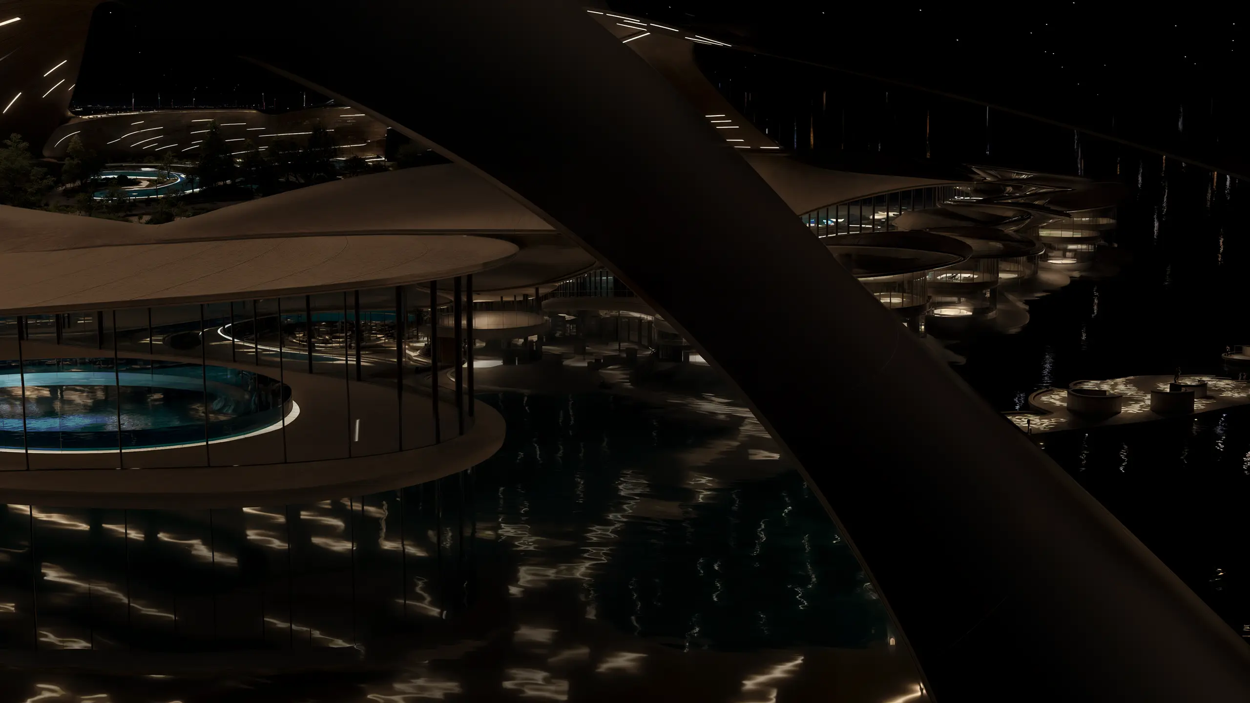 Sustainable sports center Neom KSA. High-tech aquatic center Neom. Smart sports facility Neom