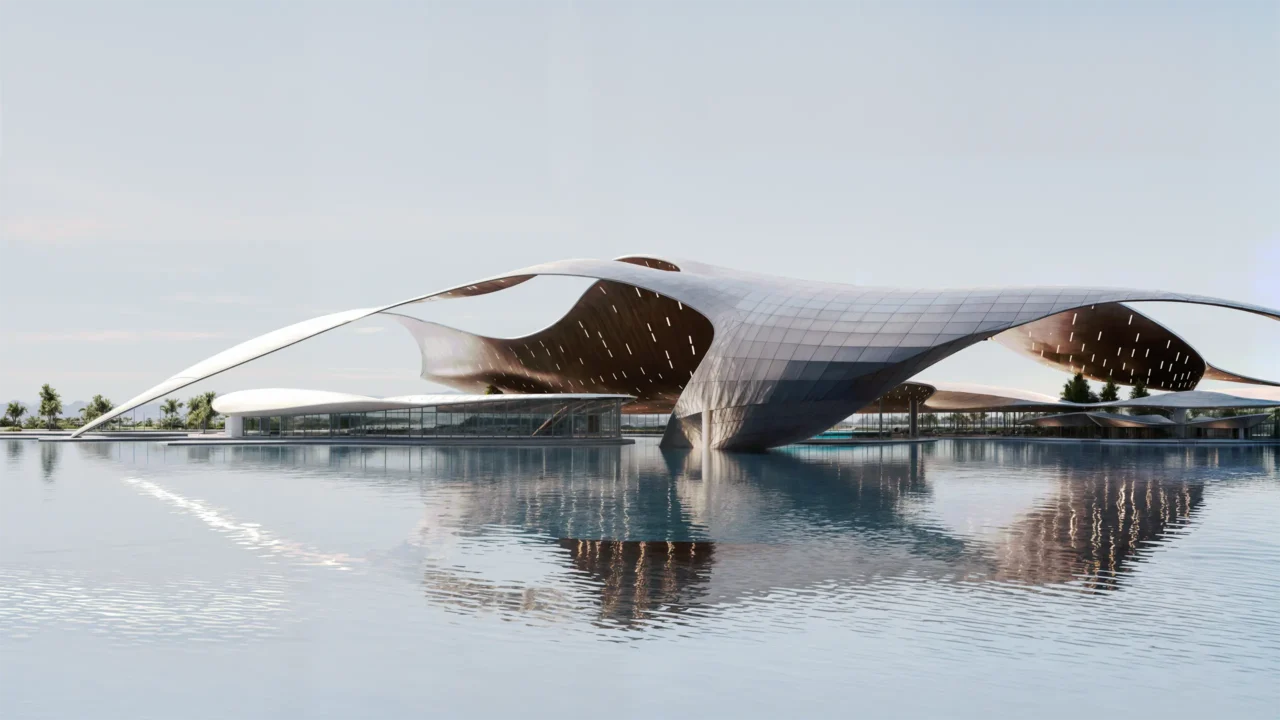 Aquatic sports innovation Neom. KSA Vision 2030 aquatic sports center. Neom architecture smart solutions