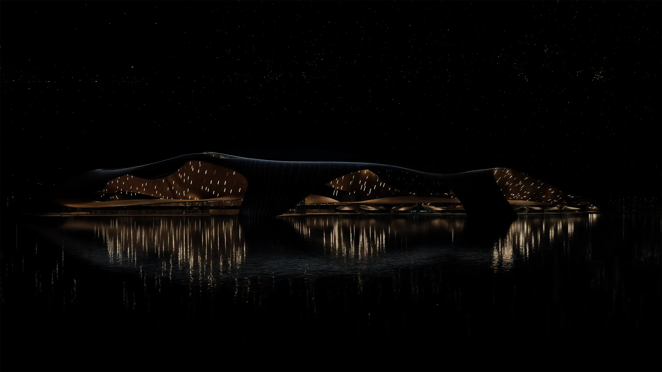 Night Water Shot of NEOM Aquatics Sports Center.