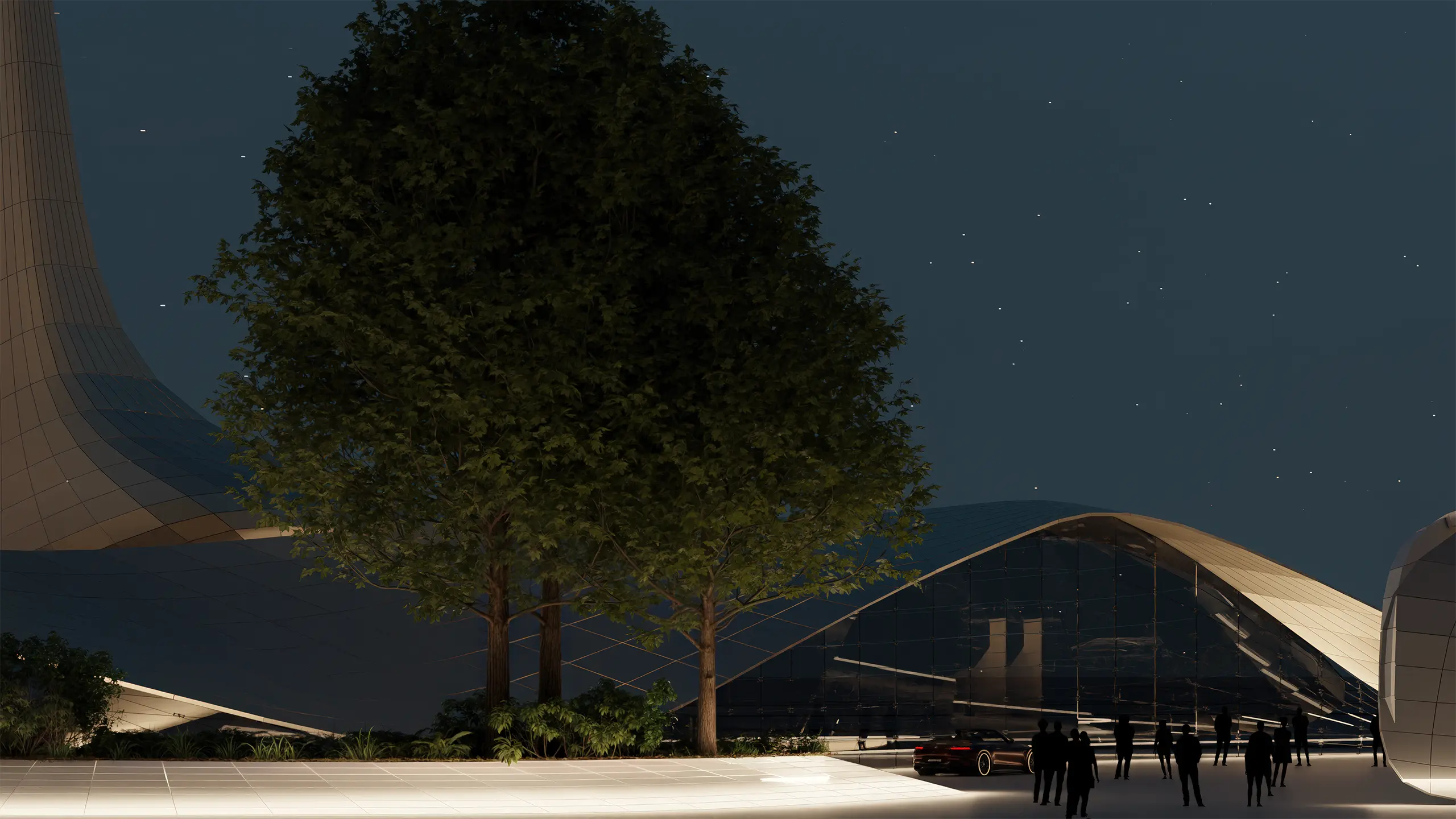 Sunset View of EWAN mosque, a part of a Postmodern sustainable school architecture.