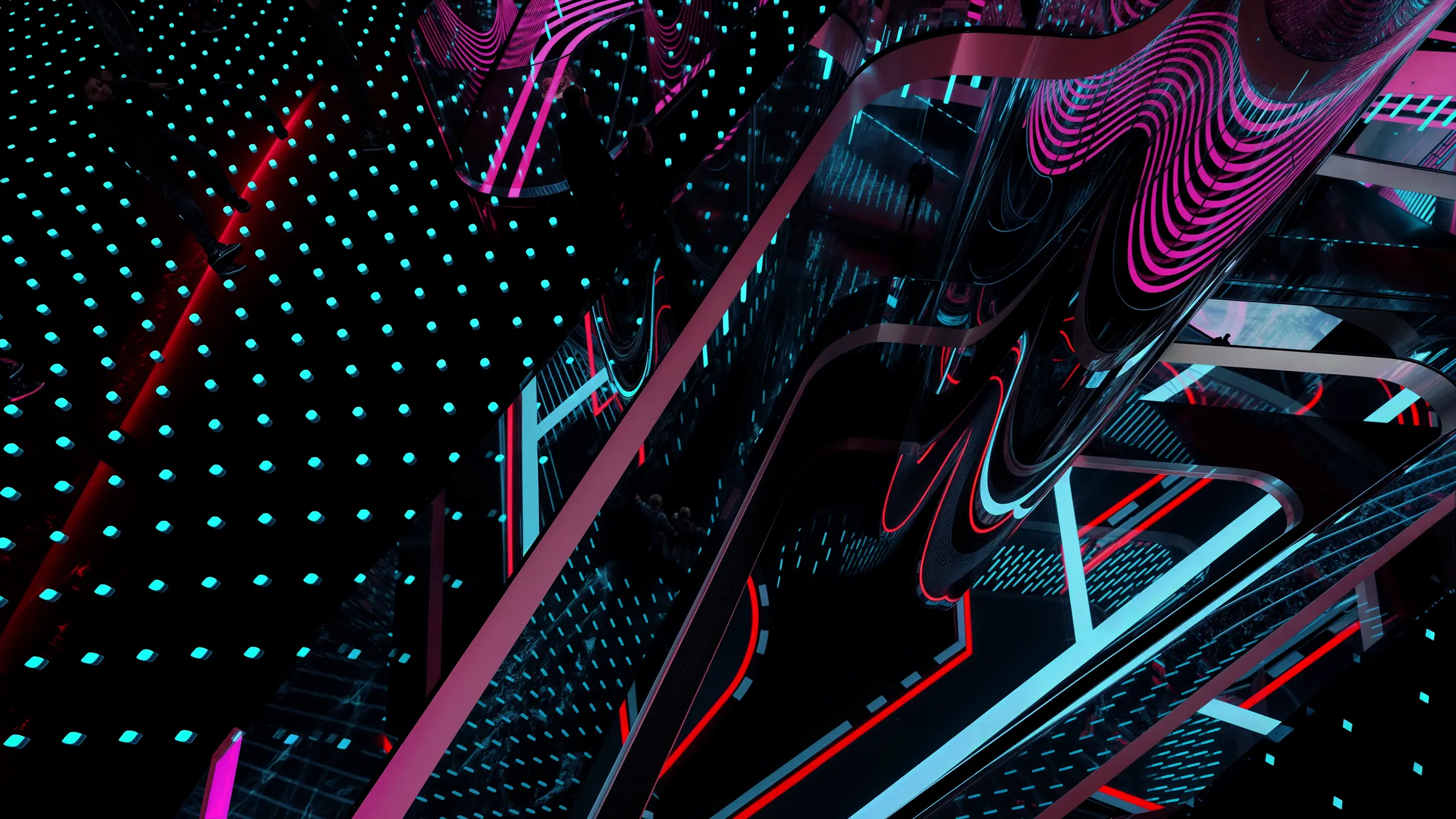 Expo City Gaming Arena, a futuristic, high-tech environment with sleek, reflective surfaces and vibrant, glowing lines. People are standing in the background, and the scene is illuminated with neon lights, creating a modern and advanced atmosphere.