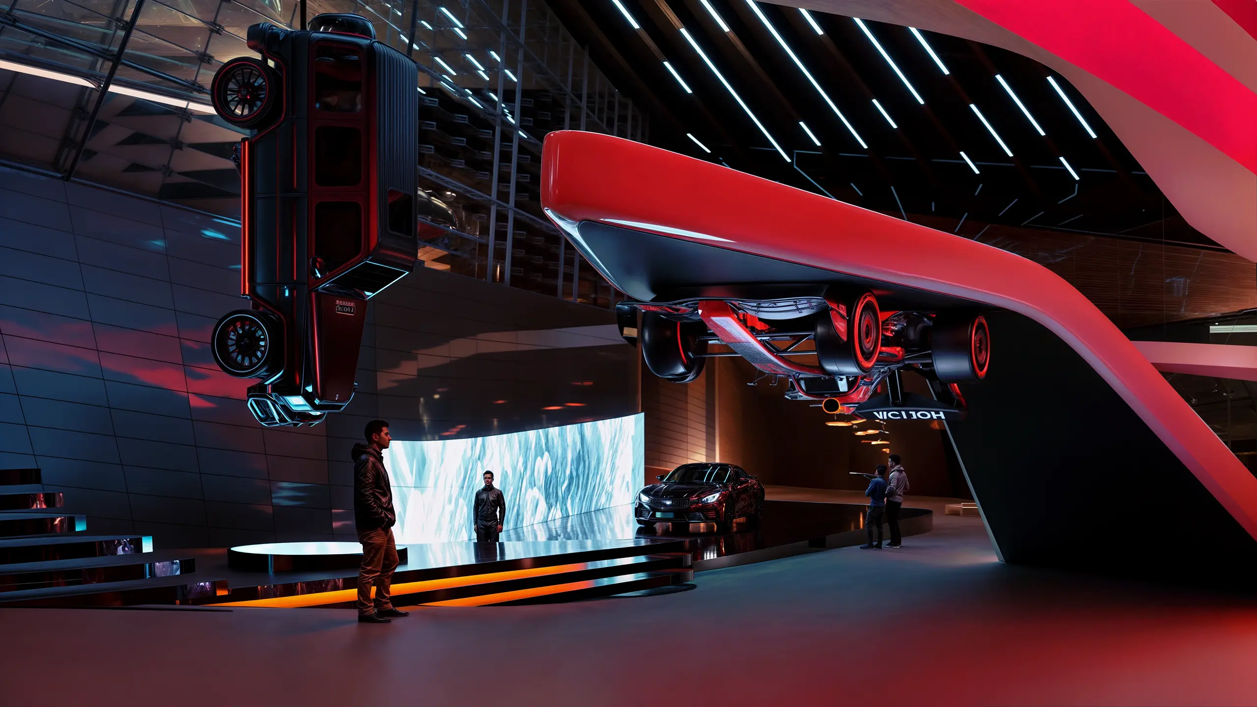 Expo City Showroom, A futuristic showroom with a sleek, modern design featuring curved walls and a high, ceiling with linear lighting. A futuristic car is driving on a curved track in the center, while visitors explore the exhibit.