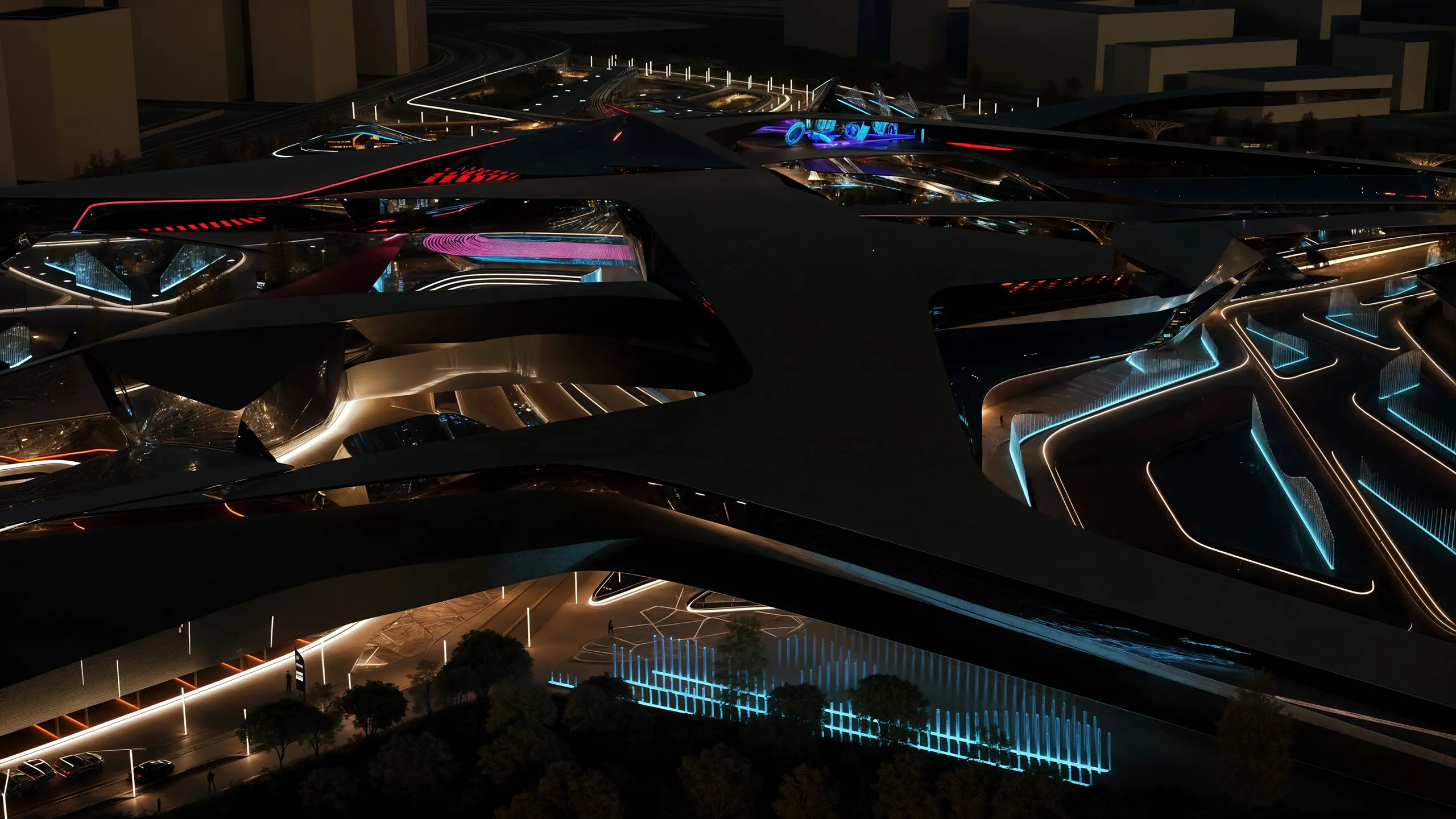 The Link Expo City, a futuristic urban landscape at night, featuring sleek, modern architecture with illuminated structures and vibrant lighting in various colors. The scene includes a complex network of roads and pathways, as well as a tall building with a distinctive, geometric design, creating a high-tech and dynamic atmosphere.