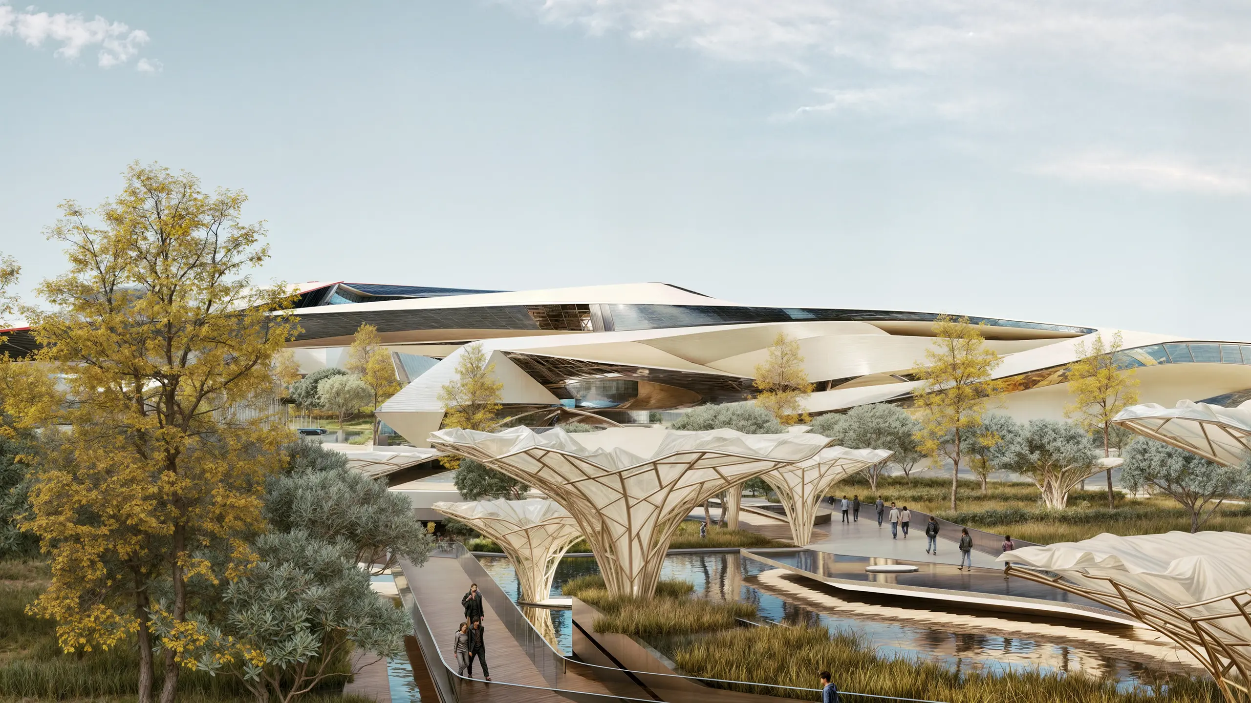 Expo City Dubai recreational arena, a modern architectural structure with a futuristic design, featuring large, curved, and intricate roof elements. The scene is set in an open, natural environment with trees and water features, with people walking on pathways.