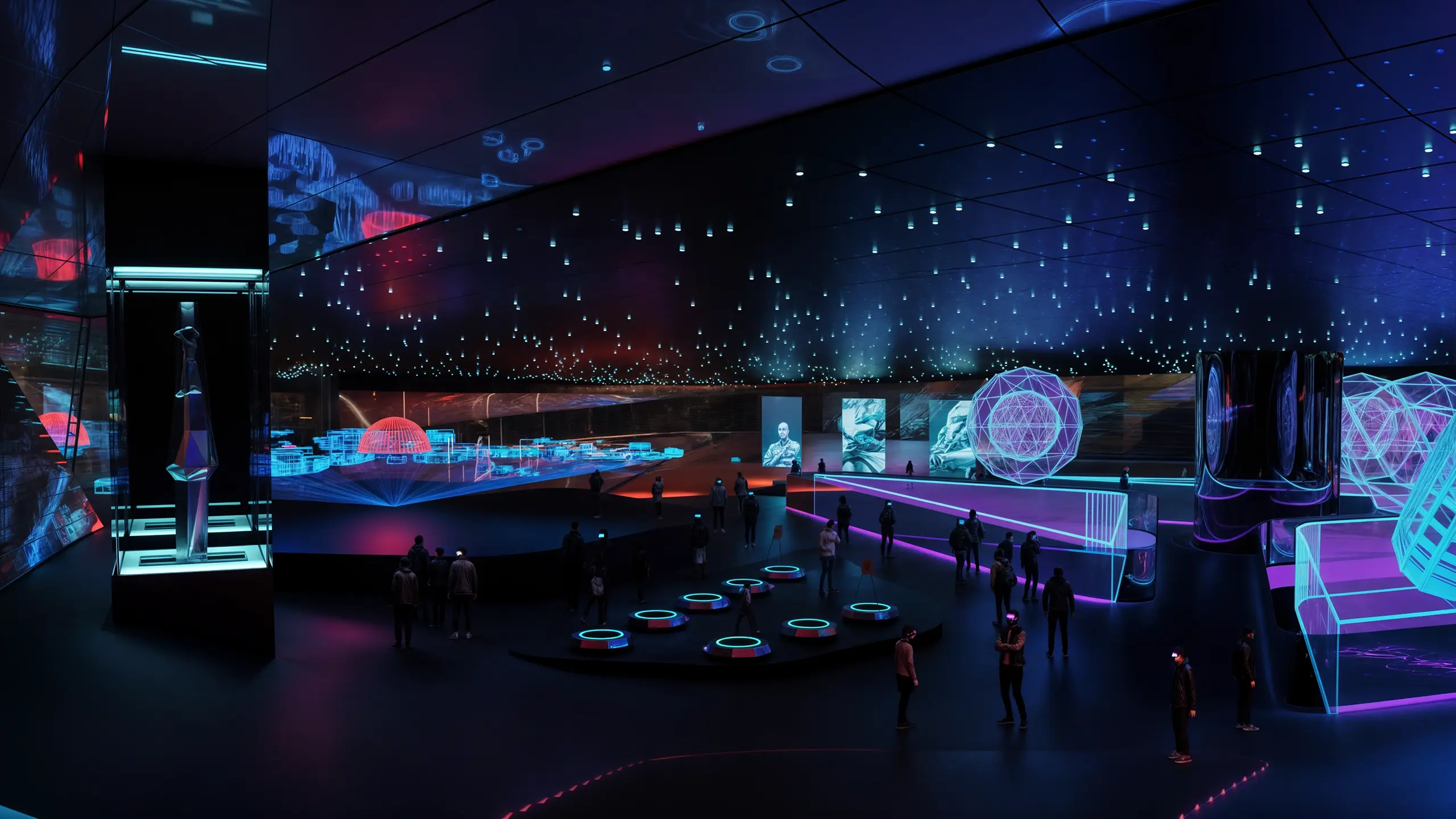 Expo City Dubai VR Zone, a futuristic exhibition space, illuminated with vibrant blue and purple lights. Visitors are seen exploring interactive displays, including holographic figures and geometric shapes, all set against a backdrop of digital projections.